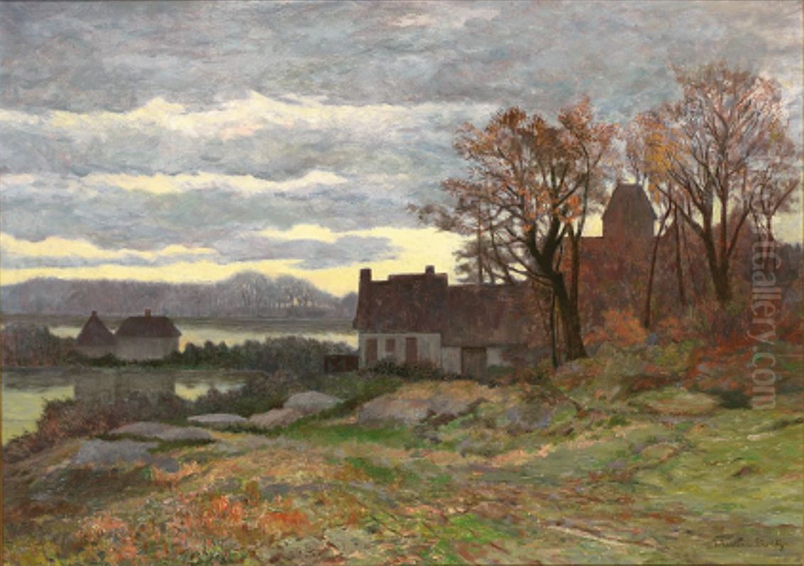 Evening scene with houses near a lake. Oil Painting by Anders Andersen-Lundby