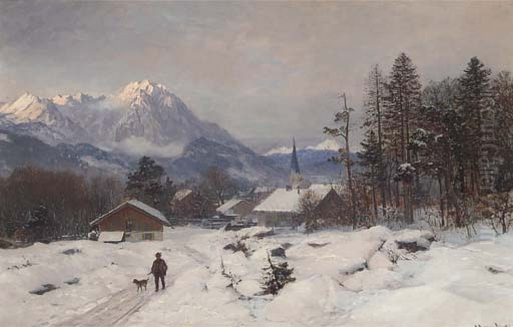 A hunter at a mountain settlement. Oil Painting by Anders Andersen-Lundby