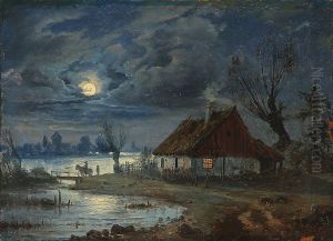 A moonlit landscape at a house.