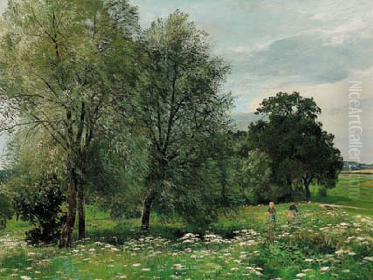 Sommereng med born, der plukker blomster. Oil Painting by Anders Andersen-Lundby