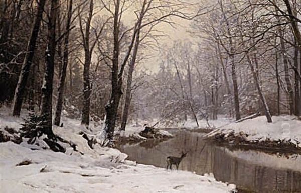 Sydtysk vinterlandskab med radyr ved et vandlob i skoven. Oil Painting by Anders Andersen-Lundby