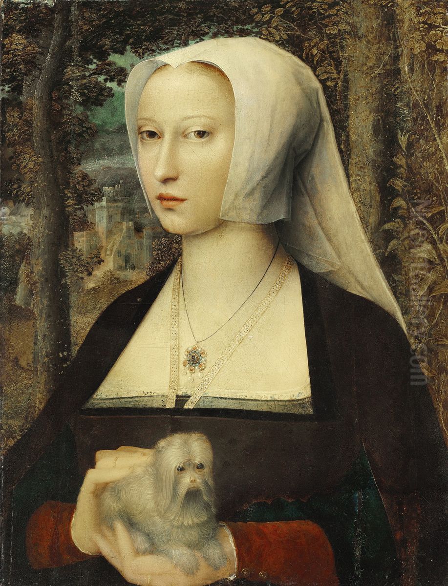 Portrait of a lady, half-length, with a dog Oil Painting by Adriaen Isenbrandt