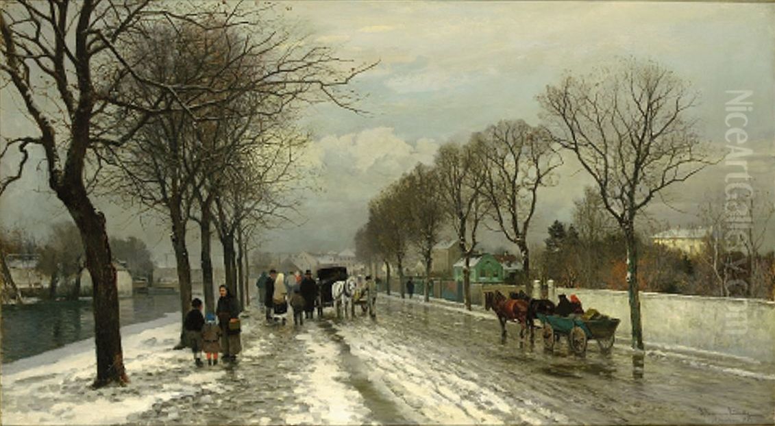 A winter day with thaw at Munich. Oil Painting by Anders Andersen-Lundby