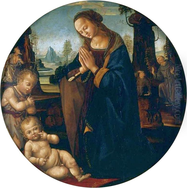 Adoration of Child with St. John, St. Francis and St. Jerome. Oil Painting by Lorenzo Di Credi