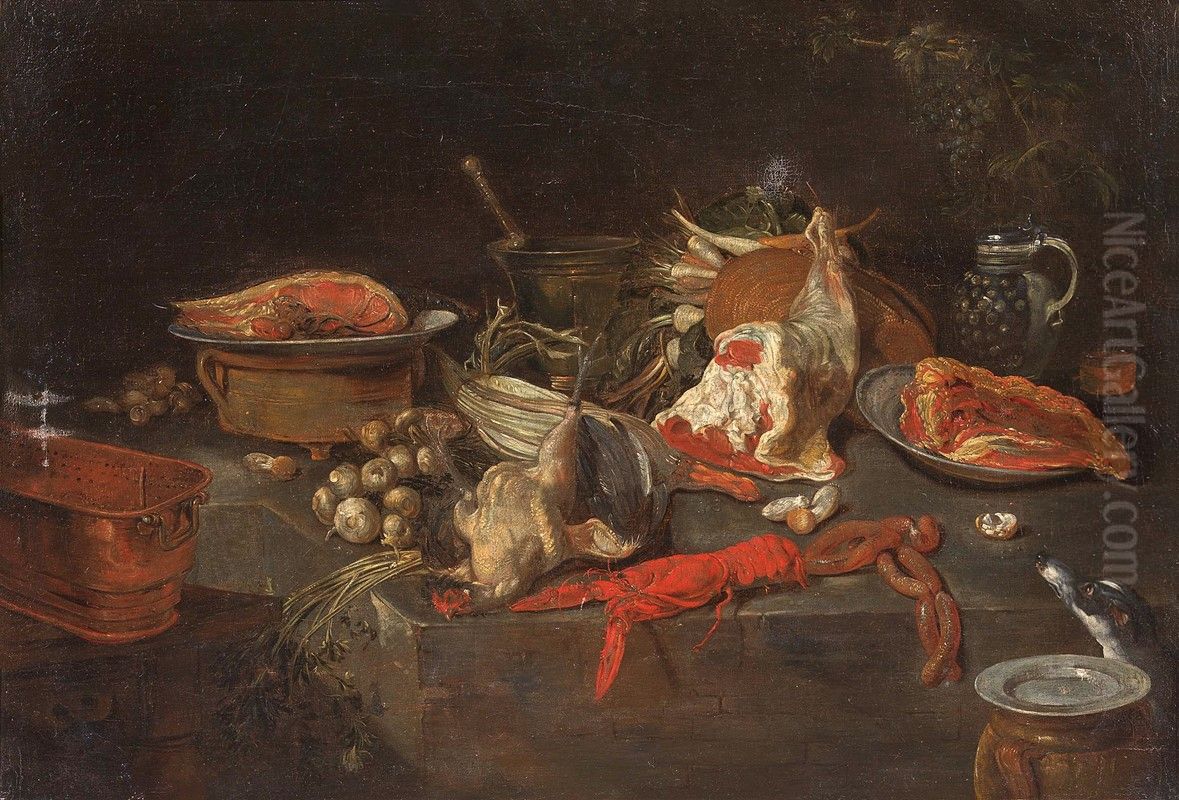 Kitchen still life with vegetables, meat, a lobster and a dog Oil Painting by Jan Van Buken
