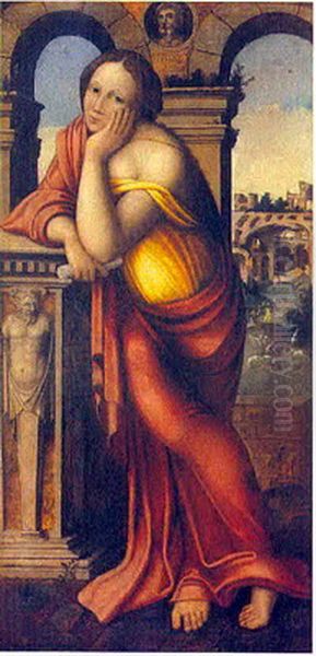 Woman against the background of Roman ruins. Oil Painting by Hendrick van Cleve III