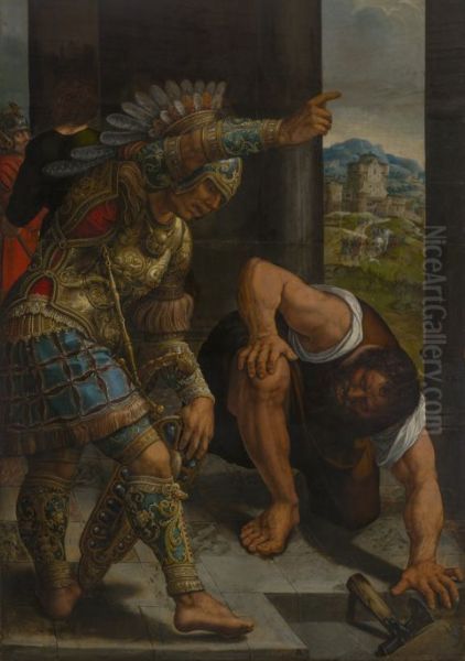 Roman warrior in armor and kneeling servant Oil Painting by Bernard Van Orley
