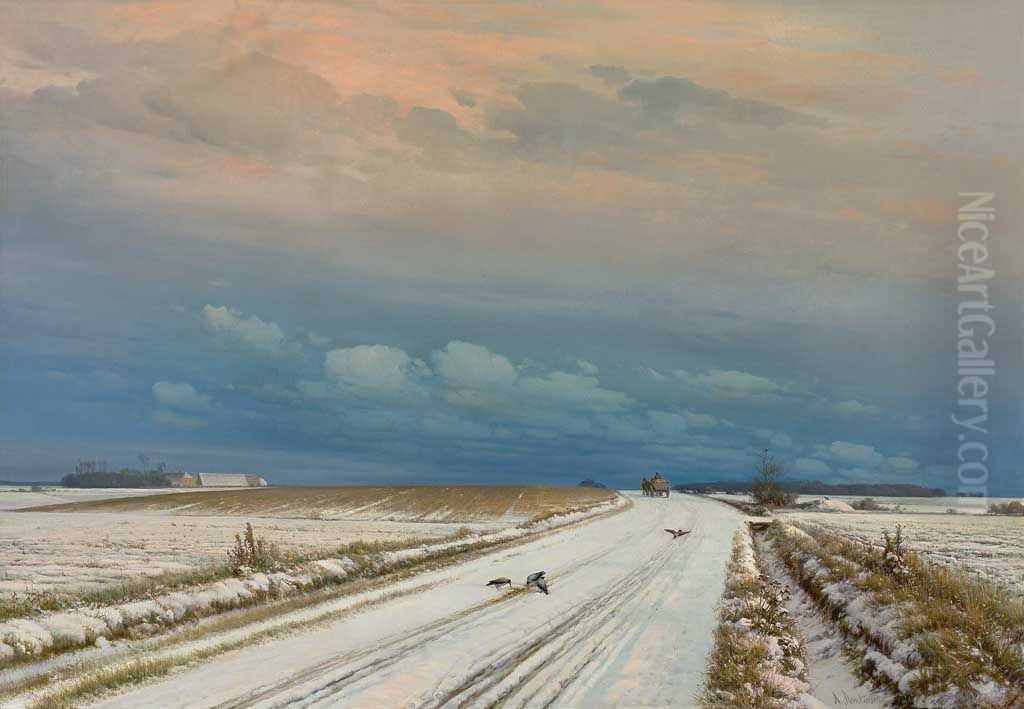 Vinterlandskab med fugle pa vejen. Oil Painting by Anders Andersen-Lundby