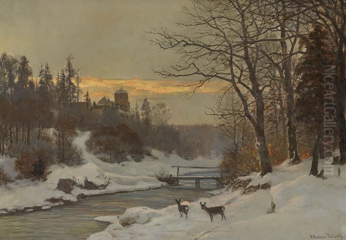 Winter landscape at a river. Oil Painting by Anders Andersen-Lundby