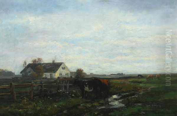 Engparti med graessende koer, i baggrunden huse. Oil Painting by Anders Andersen-Lundby