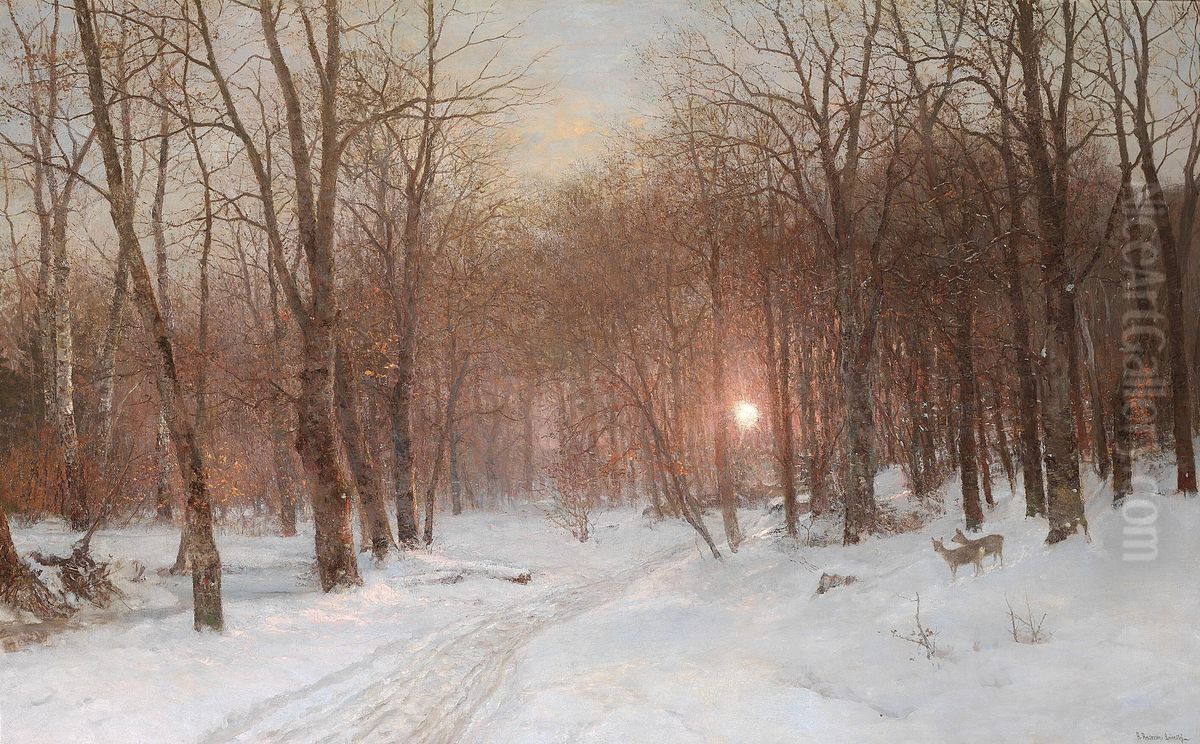 Sunset in the woods, winter. Oil Painting by Anders Andersen-Lundby