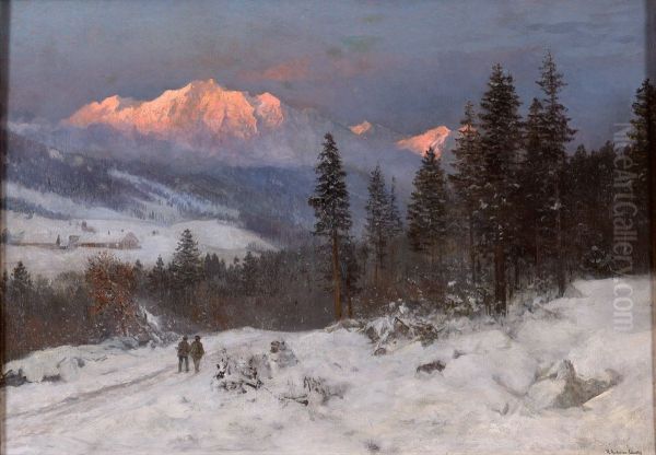 Winter landscape with hunters. Oil Painting by Anders Andersen-Lundby