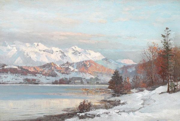 Vinterlandskab med morgenlys over bjergso, i baggrunden udsigt til Alperne. Oil Painting by Anders Andersen-Lundby