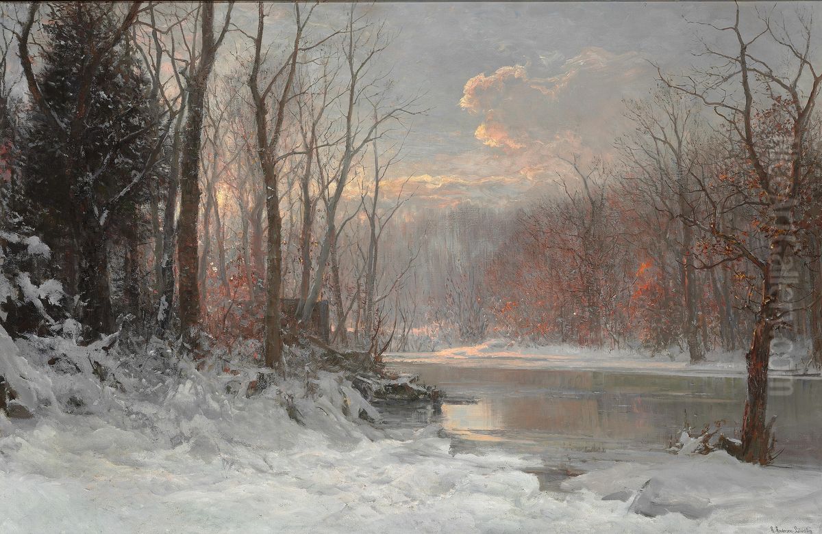 Vinterlandskab med alob og sneklaedte traeer. Oil Painting by Anders Andersen-Lundby