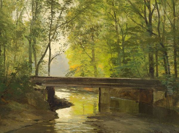 Alob gennem en sensommerskov. Oil Painting by Anders Andersen-Lundby
