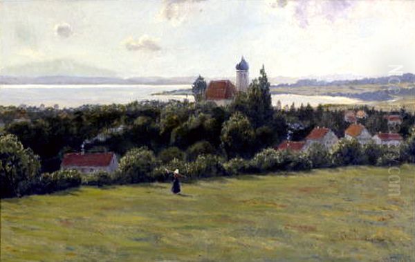 A view of Wasserburg at Lake Constance. Oil Painting by Anders Andersen-Lundby