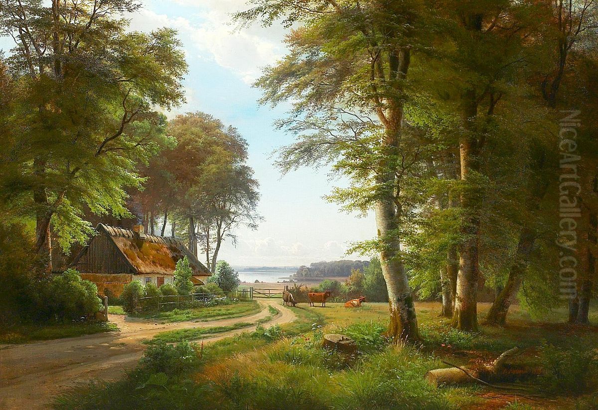 Sommerskov med koer og strataekt hus, i baggrunden udsigt til lille vig. Oil Painting by Anders Andersen-Lundby