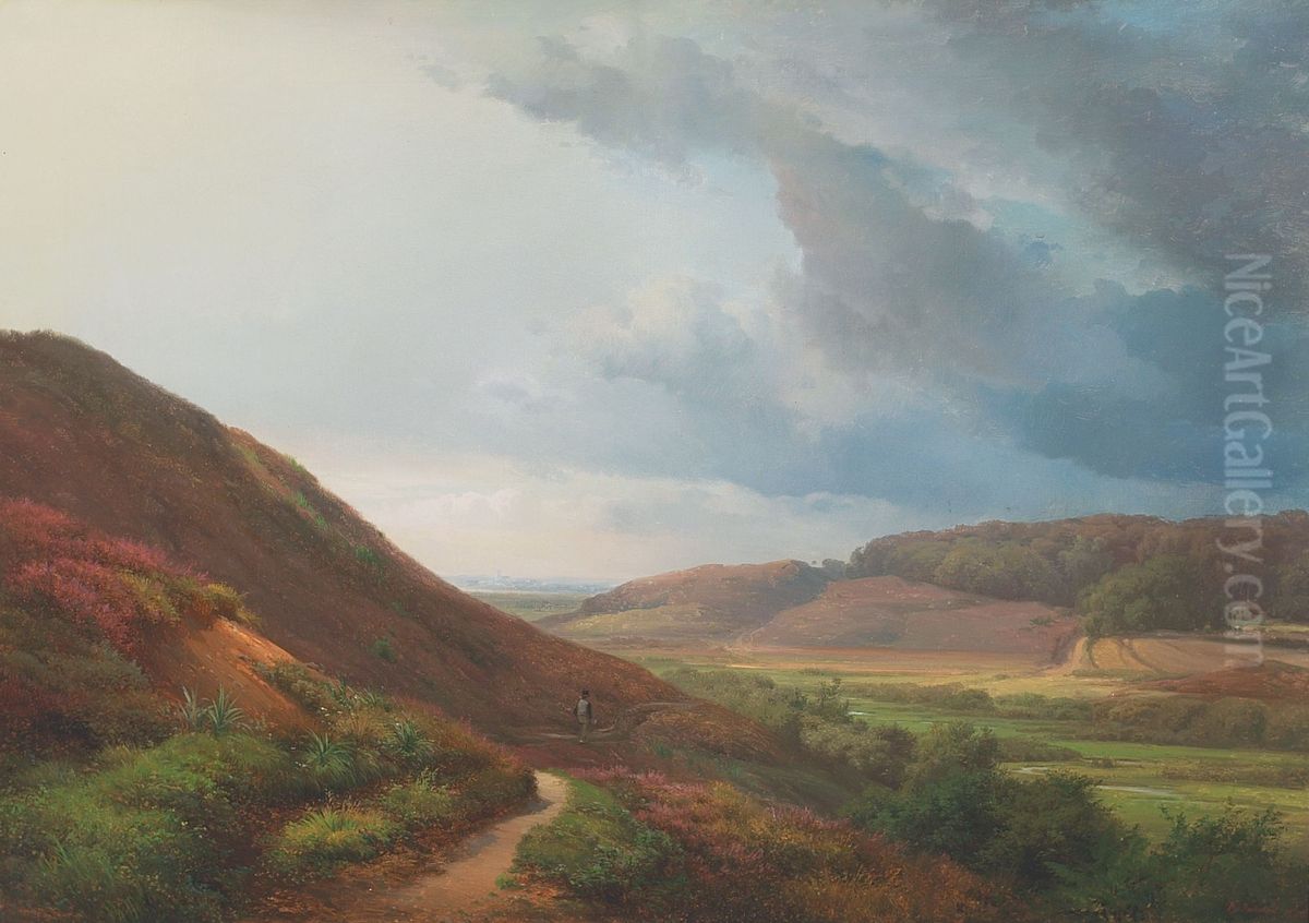Hilly landscape with man walking along a path. Oil Painting by Anders Andersen-Lundby