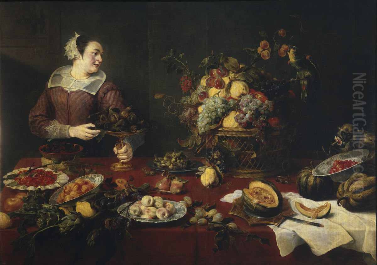 Woman in storage room with fruit and vegetables, with a parrot and a monkey on the right Oil Painting by Frans Snyders