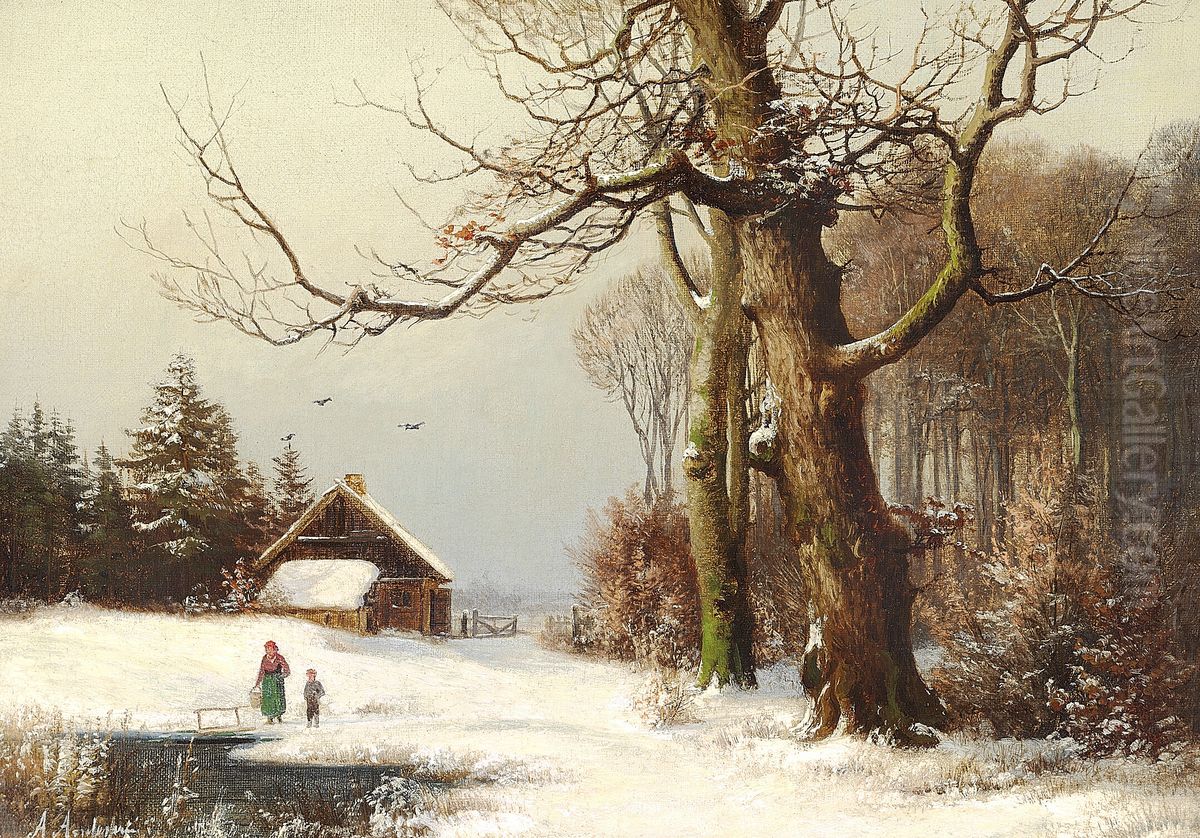 Winter day at the edge of the woods. Oil Painting by Anders Andersen-Lundby