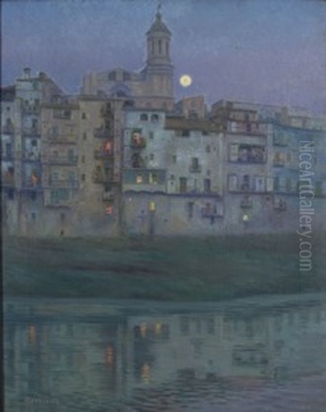 Nuit de Lune a Gerone Oil Painting by Prudenci Bertrana