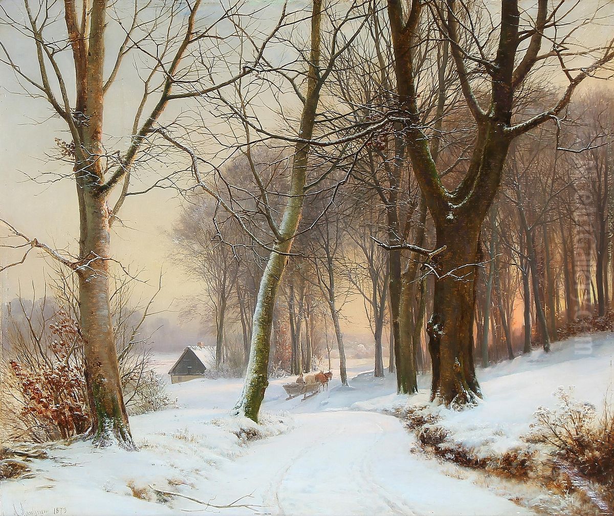 Vinterlandskab ved solopgang. Oil Painting by Anders Andersen-Lundby
