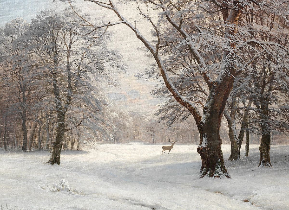 Vinterdag i Dyrehaven. Oil Painting by Anders Andersen-Lundby