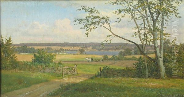 Fjordparti med bonde, der plojer sin mark. Oil Painting by Anders Andersen-Lundby