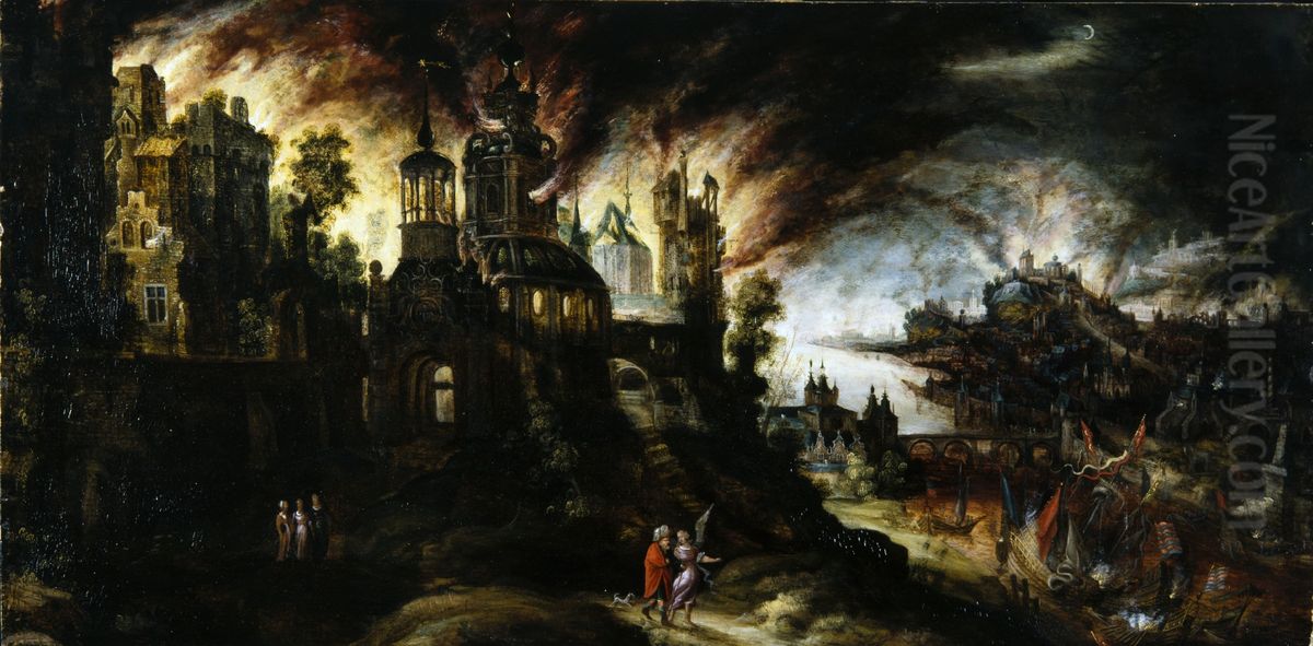 Sodom and Gomorrah being destroyed. Oil Painting by Kerstiaen de Keuninck