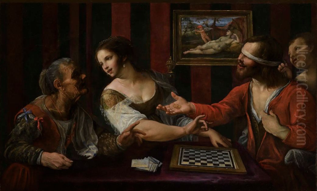 Blind love, a man playing draughts with a courtesan Oil Painting by Angelo Caroselli