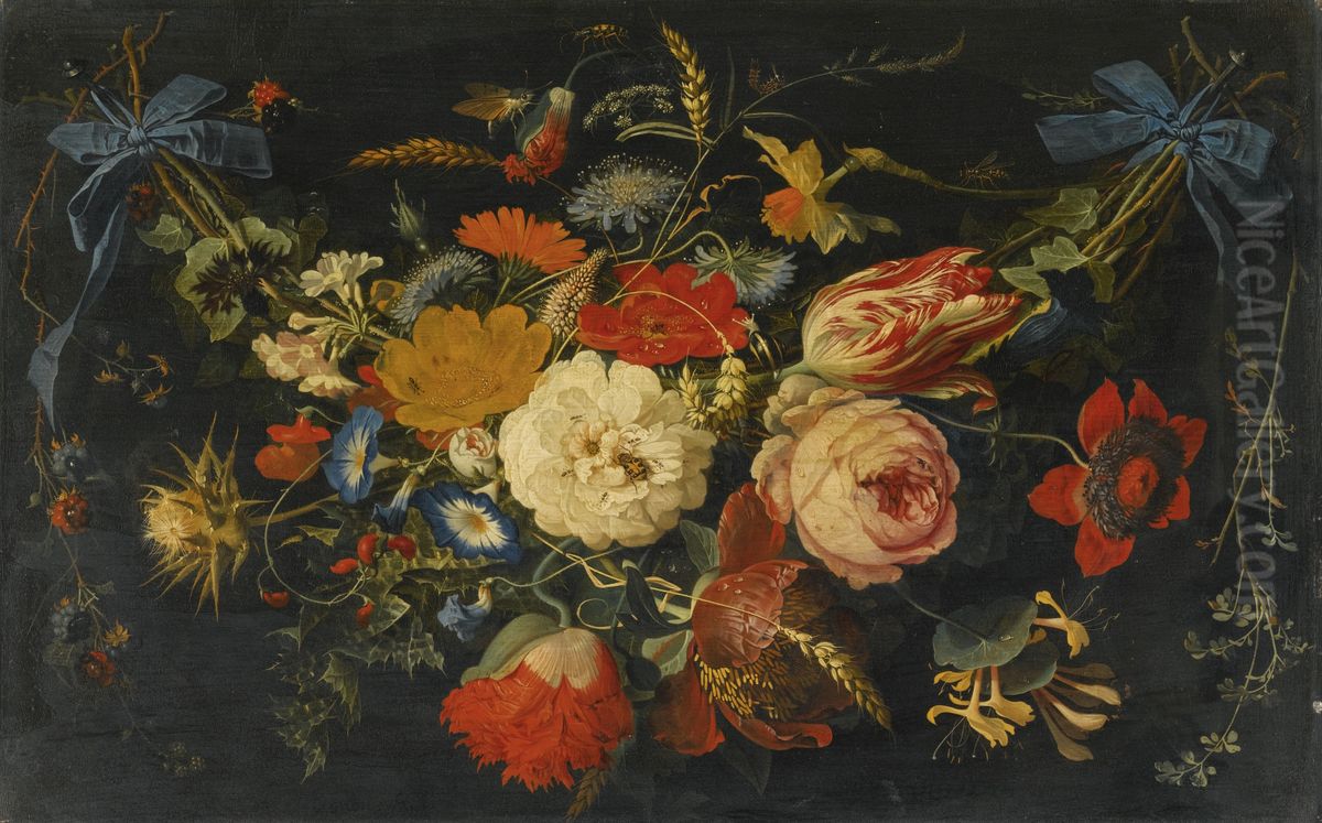Hanging garland of flowers and fruit, including roses, tulips and raspberries, along with a variety of insects Oil Painting by Abraham Mignon