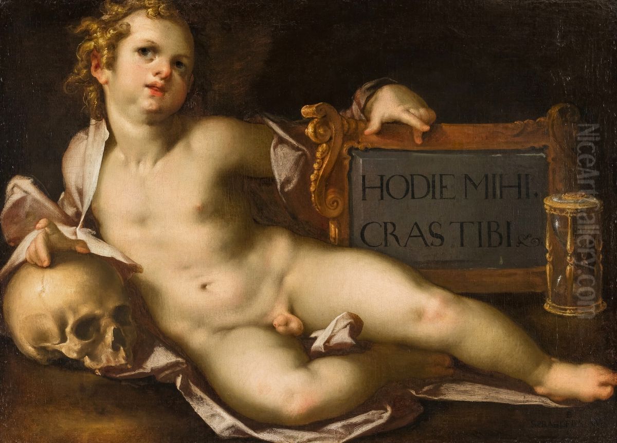 Vanitas - putto z czaszka i klepsydra. Oil Painting by Bartholomeus Spranger