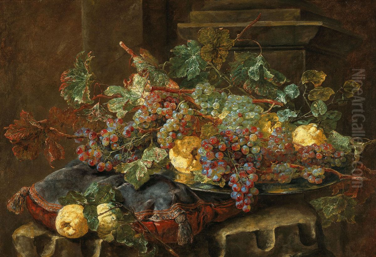 Black and white grapes and quinces on a silver salver on a velvet cushion Oil Painting by Jan Fyt