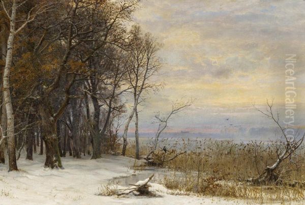 Winter day at the shore of a lake. Oil Painting by Anders Andersen-Lundby