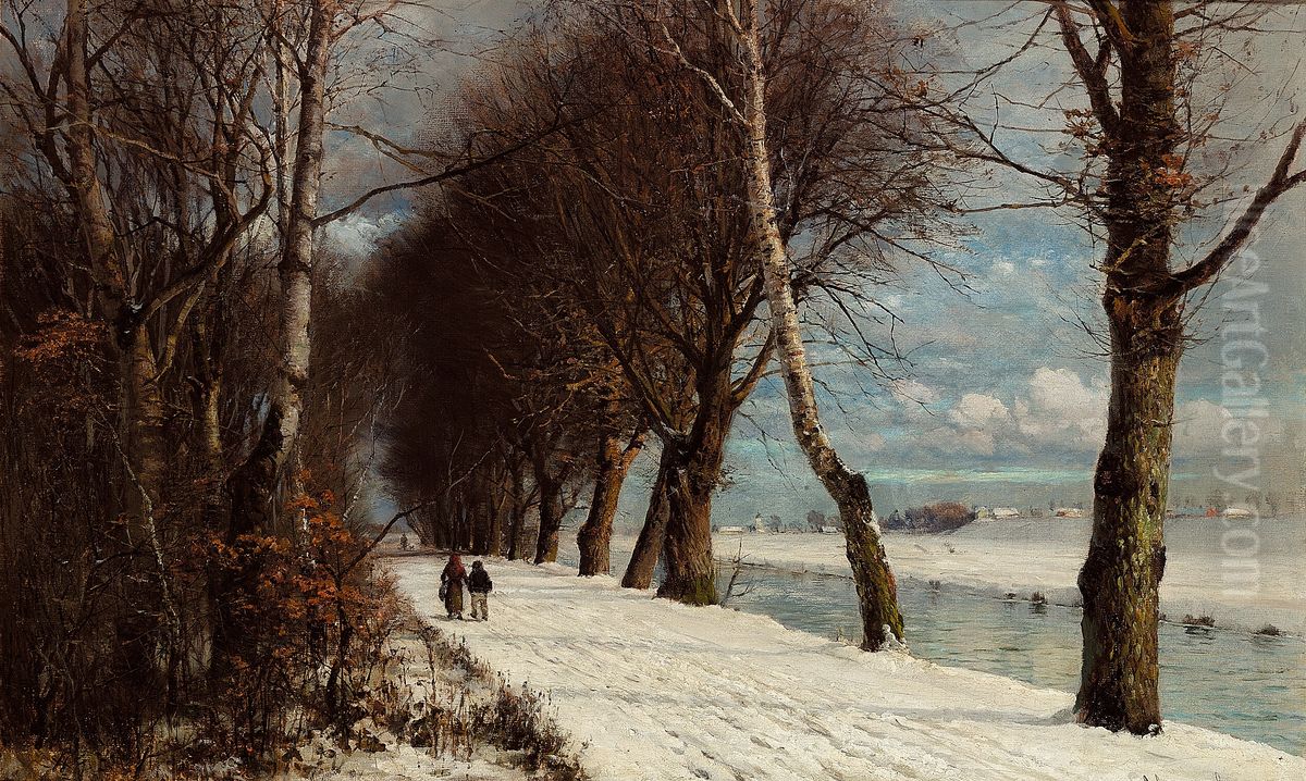 Vinterlandskab med spadserende personer. Oil Painting by Anders Andersen-Lundby