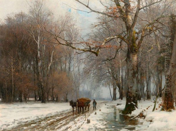 Winter landscape with a farmer leading a horsewagon. Oil Painting by Anders Andersen-Lundby