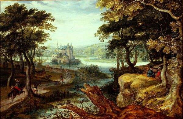 Landscape with a castle and staffage Oil Painting by Roelant Savery