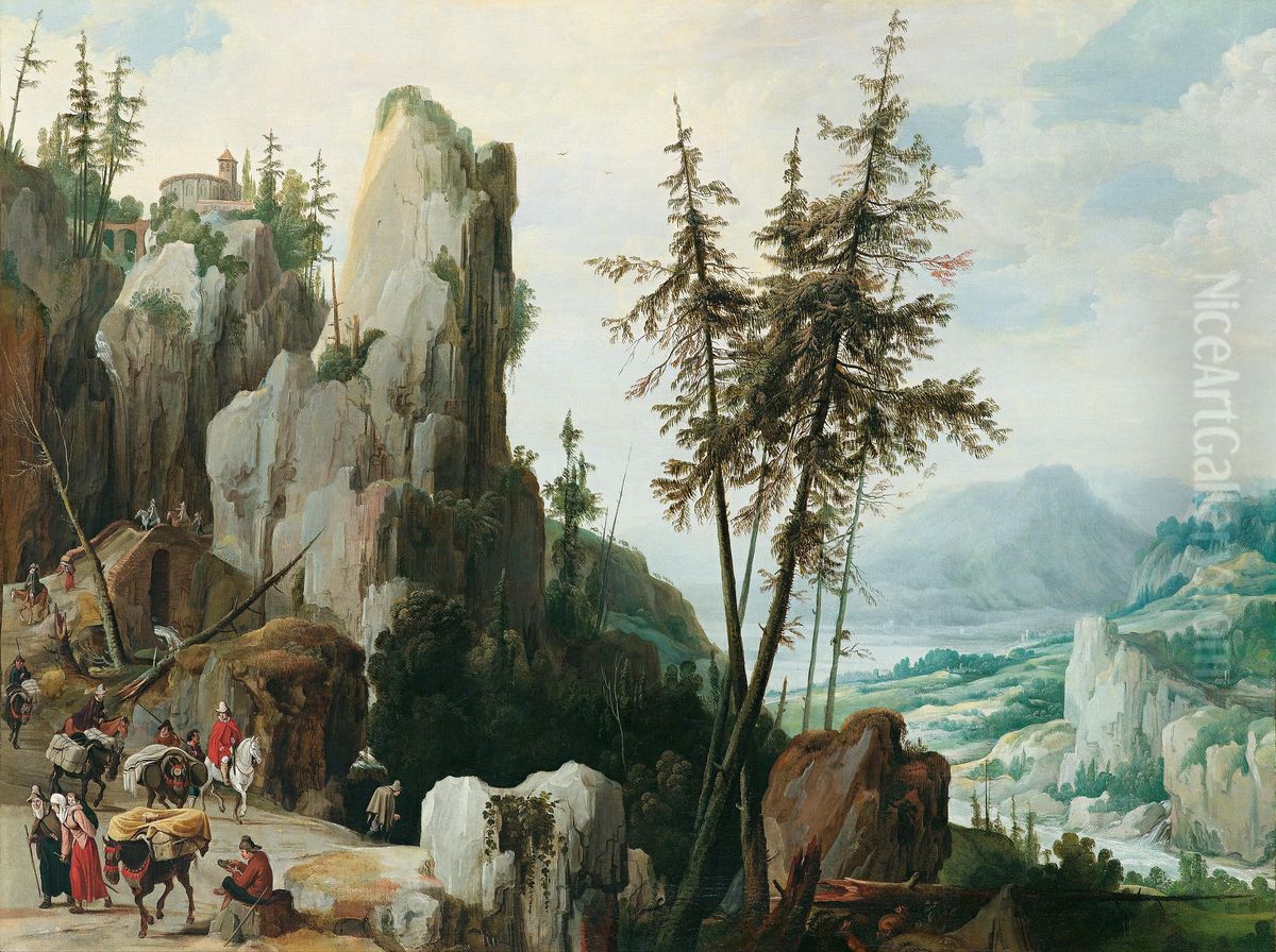 Rocky landscape with travelers Oil Painting by Jan Tilens