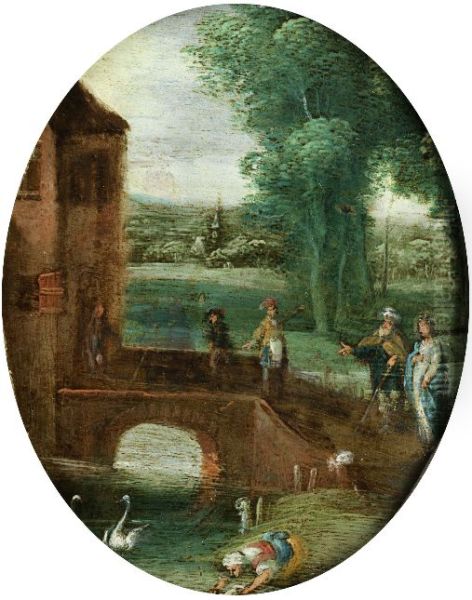 Noble couple in front of the bridge to a house Oil Painting by Jasper van der Lanen