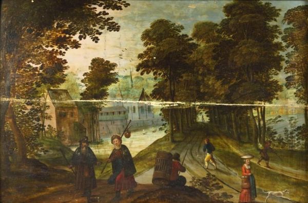 Landscape with castle and figures on a country road. Oil Painting by Jasper van der Lanen