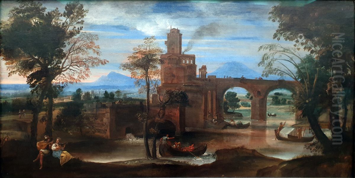 Roman river landscape with fort and bridge Oil Painting by Annibale Carracci