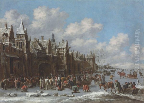Winter landscape with villagers on a frozen lake outside a town Oil Painting by Thomas Heeremans
