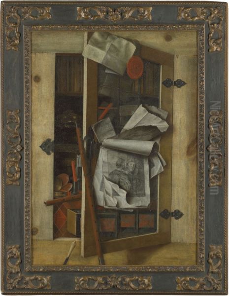 Trompe-l'oeil of an open cabinet with an engraving of Titian's Bravo and assorted objects Oil Painting by Franciscus Gijsbrechts