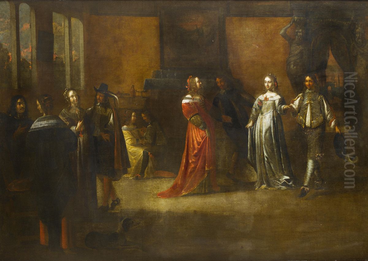 Elegant figures merrymaking in an interior Oil Painting by Frans Geffels