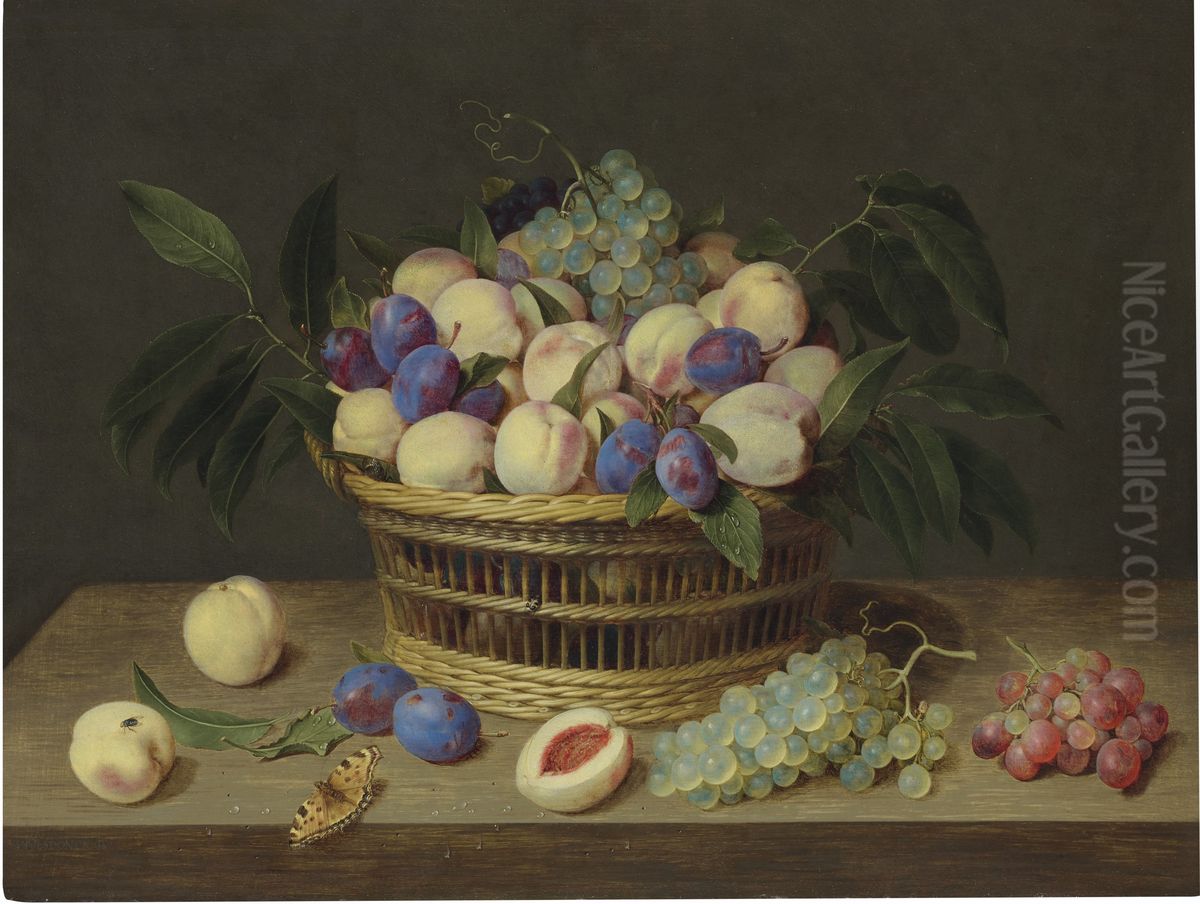 Peaches, plums and grapes in a wicker basket, with fruit and a butterfly on a wooden table Oil Painting by Jacob van Hulsdonck