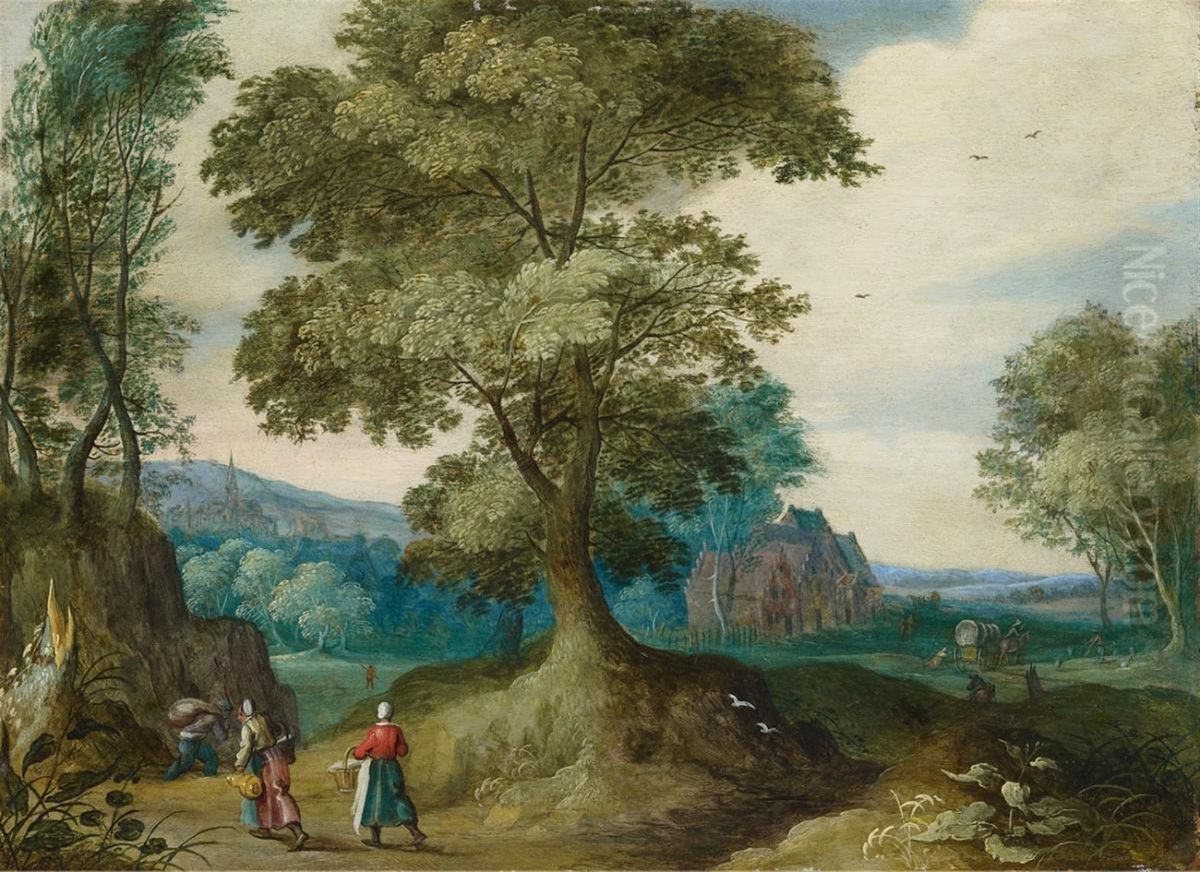 Wooded landscape with figural staffage Oil Painting by Jasper van der Lanen