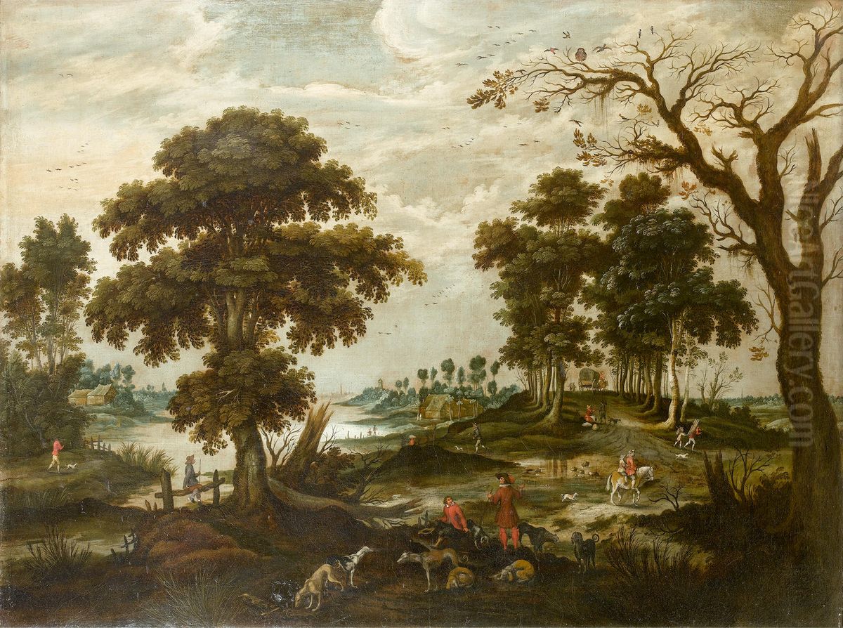 An elegant company departing for the hunt before an open landscape Oil Painting by Jan Wildens