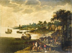 River landscape with fishermen returning to shore, with shipping in the distance