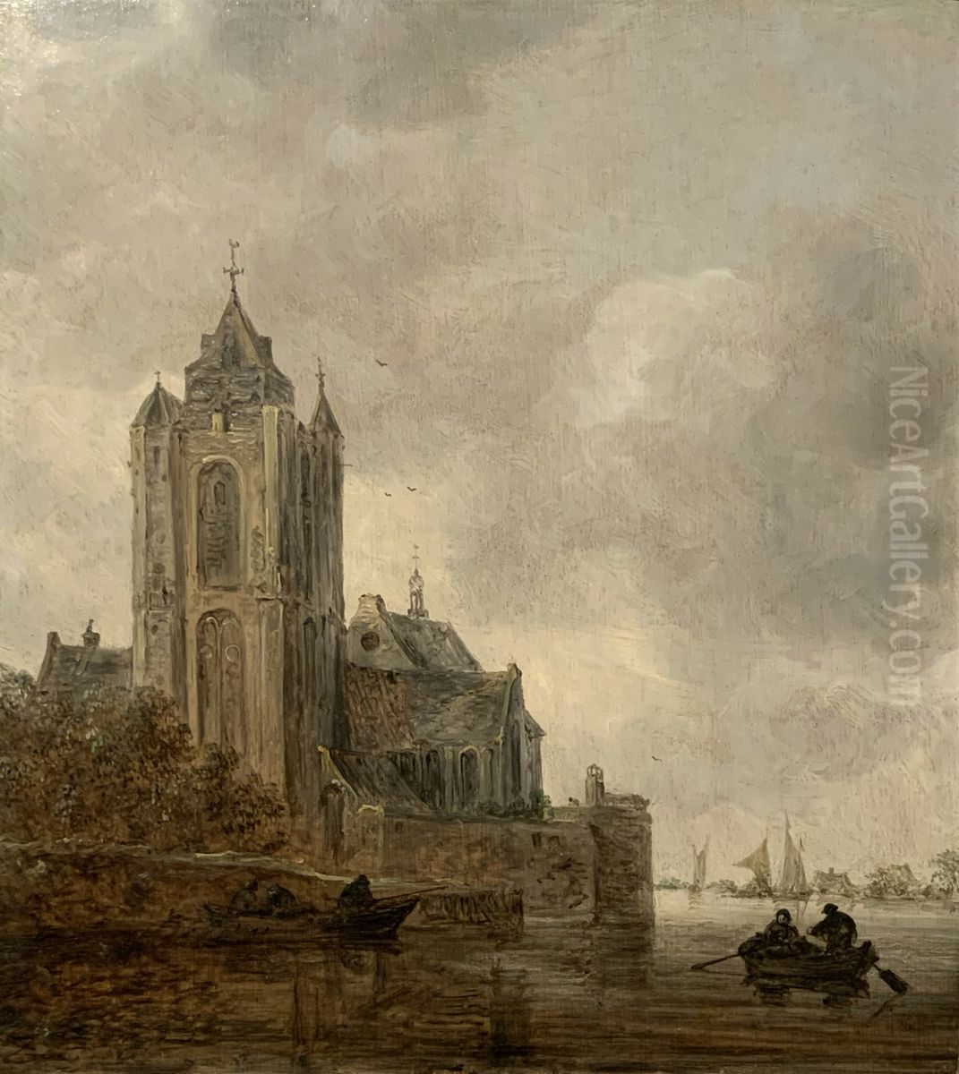 A Church on the Bank of a River. Oil Painting by Jan van Goyen