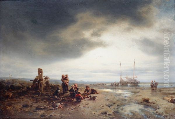 Kinder am Ufer Oil Painting by Eduard Hildebrandt